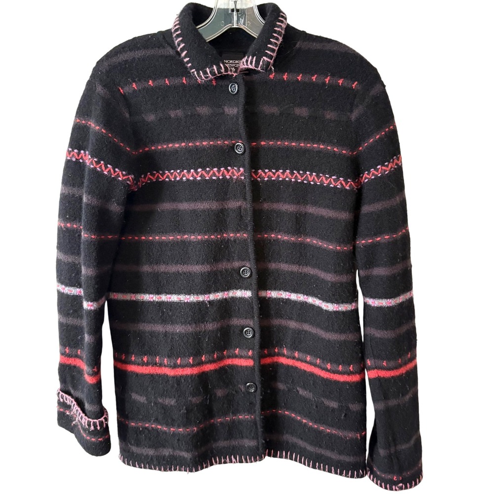 Nordic‎ Design Women's Black Embroidered Striped 100% Wool Shacket in Size M